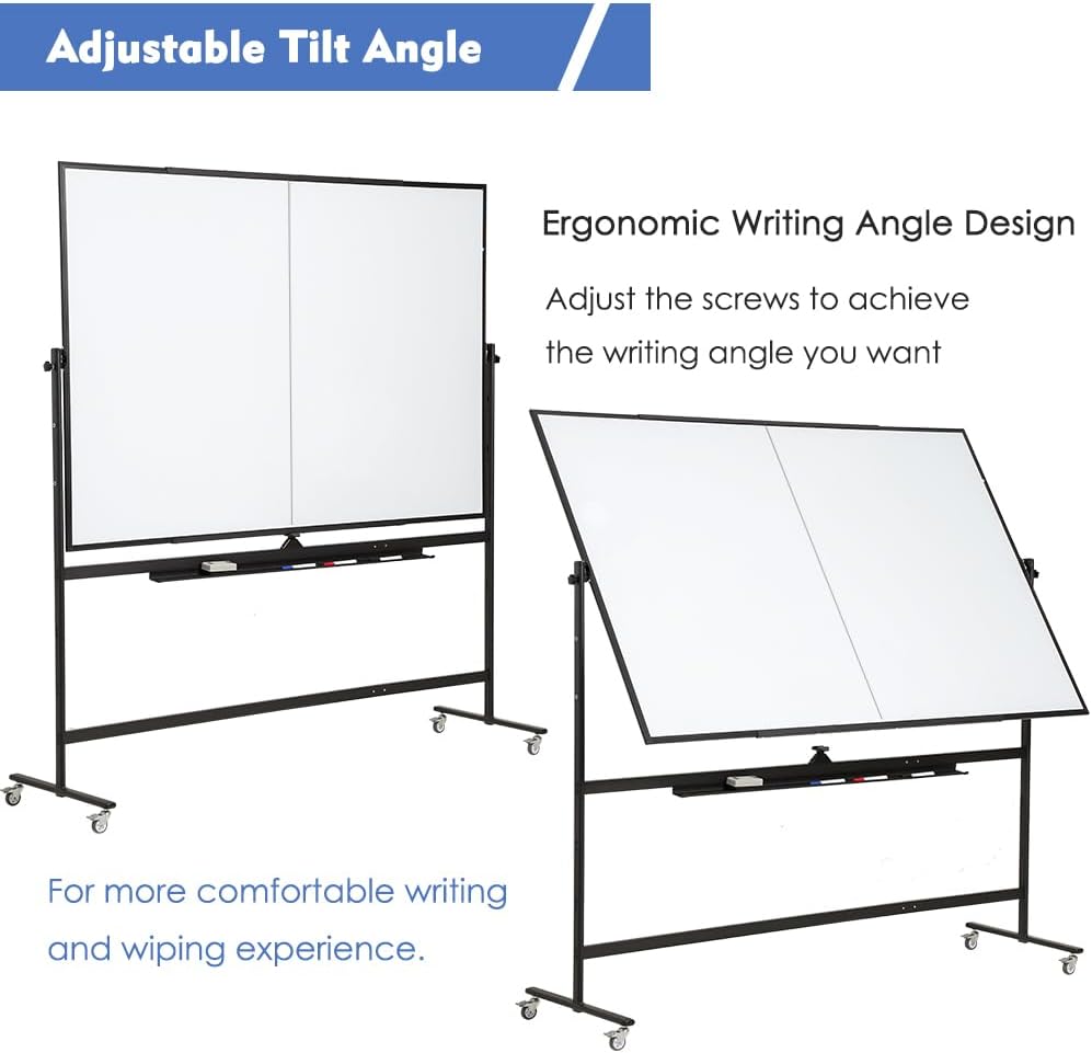 Large Magnetic Mobile Whiteboard 72"x48", Rolling Double Sided Stand Whiteboard on Wheels, Reversible Adjustable Height/Angle Dry Erase Board 6' x 4' Easel White Board for Office Classroom, Black