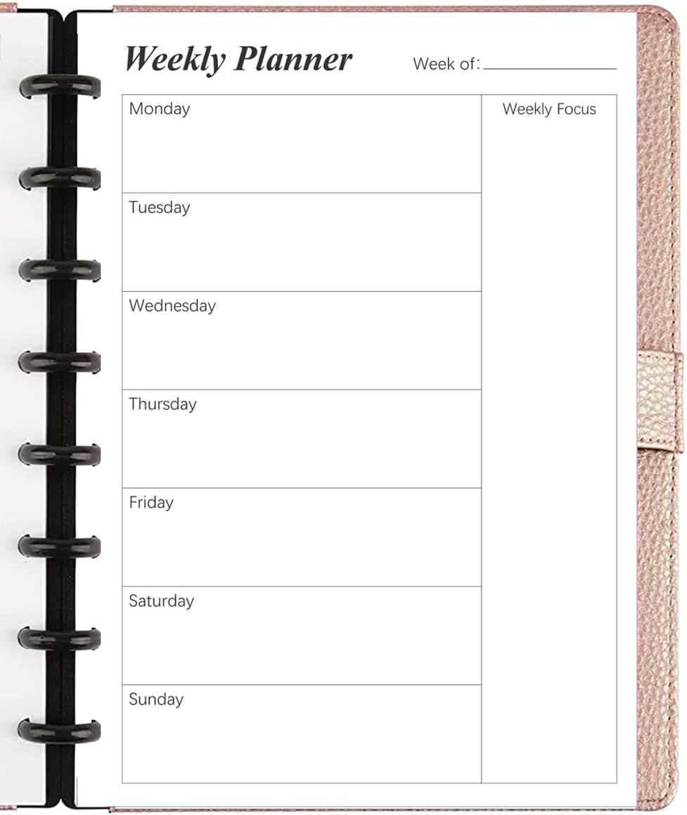 Weekly Planner Undated Refills - Junior Size 53 Sheets/106 Pages Weekly Planner for 8-Disc Discbound, 100 gsm White Paper, Lasts 1 Year, Undated, 5.8" x 8.3", Black