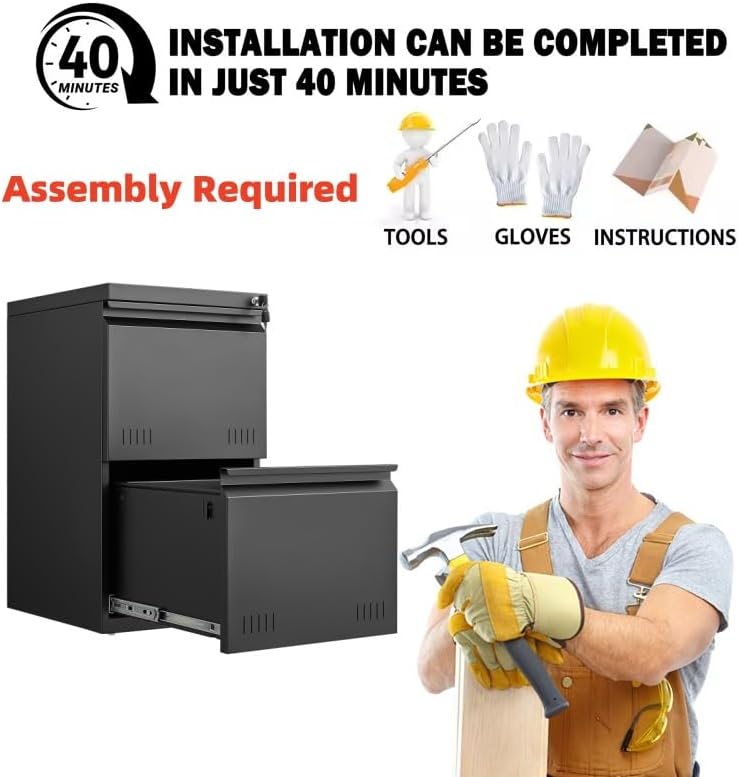 2 Drawer File Cabinets for Home Office, Vertical File Cabinet with Lock, Printer Stand, Office Storage Cabinet for A4/Letter/Legal Size, Under Desk Filing Cabinet, Assembly Required(Black)