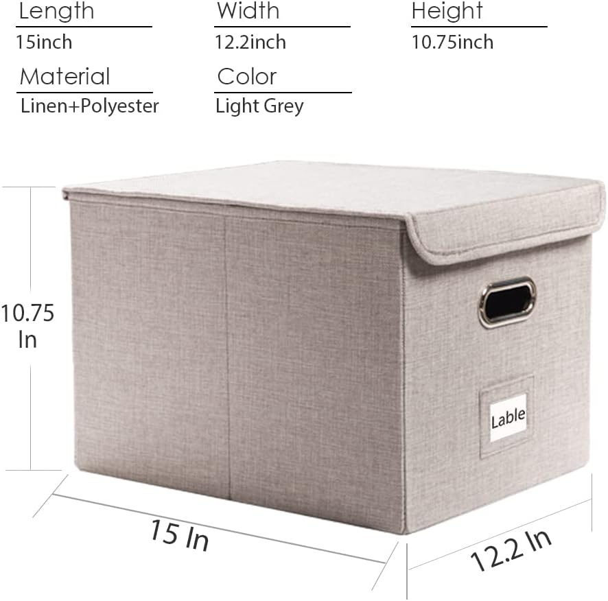 PRANDOM File Organizer Box - Set of 2 Collapsible Decorative Linen Filing Storage Hanging File Folders with Lids Office Cabinet Letter Size Light Grey (15x12.2x10.75 inch)
