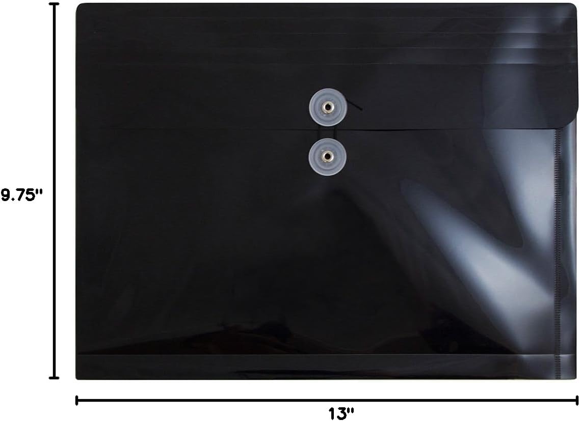 JAM PAPER Plastic Envelopes with Button & String Tie Closure - Letter Booklet - 9 3/4 x 13 - Black - 12/Pack