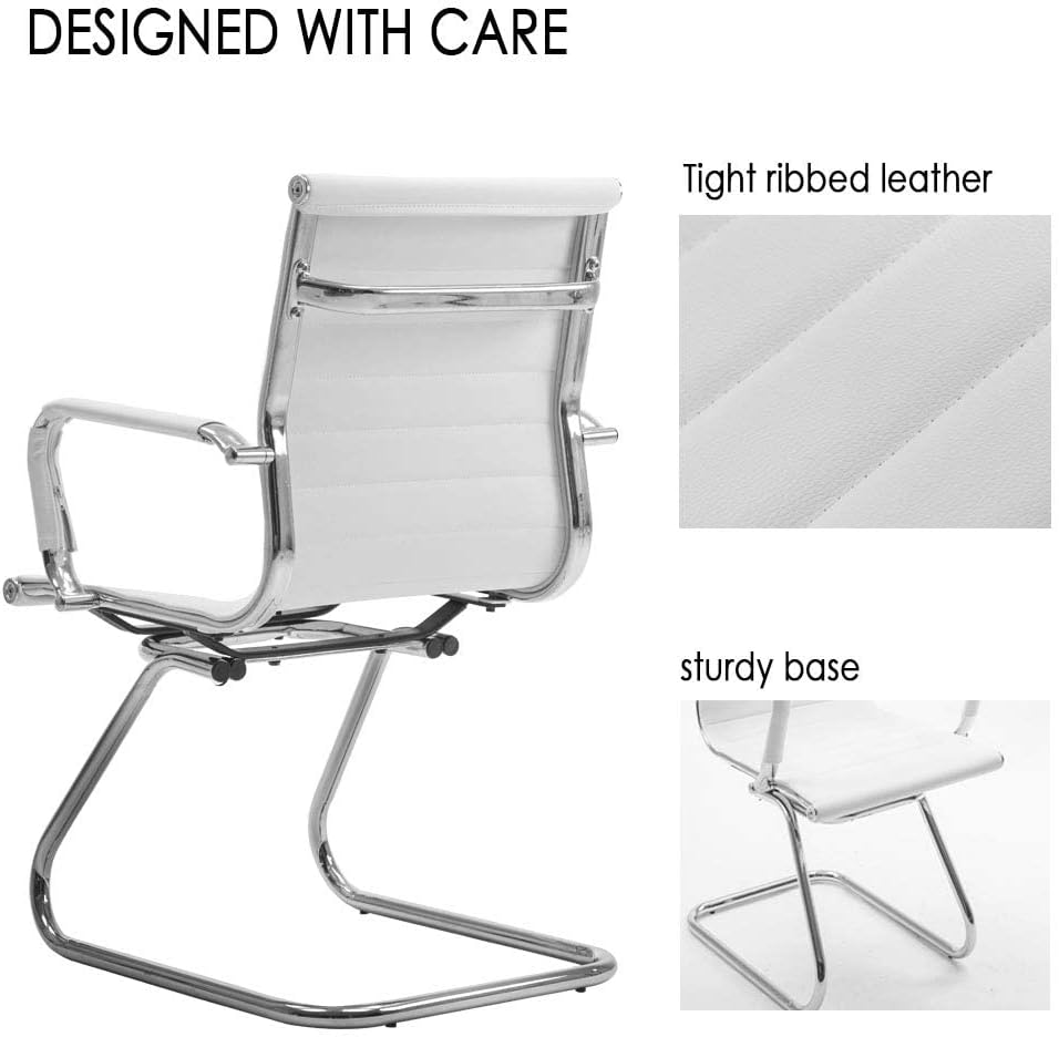 White Office Desk Chair No Wheels Set of 6 PU Leather Computer Chairs Mid Back Guest Chairs for School Reception Conference Waiting Room, White