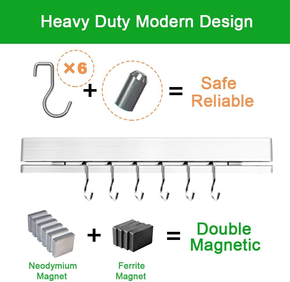 YIIYIIN 12" Premium 304 Stainless Steel Double-Sided Magnetic Knife Holder for Wall or Fridge -with Adhesive Strip, No Drill -6 Hooks Included for Kitchen Utensils