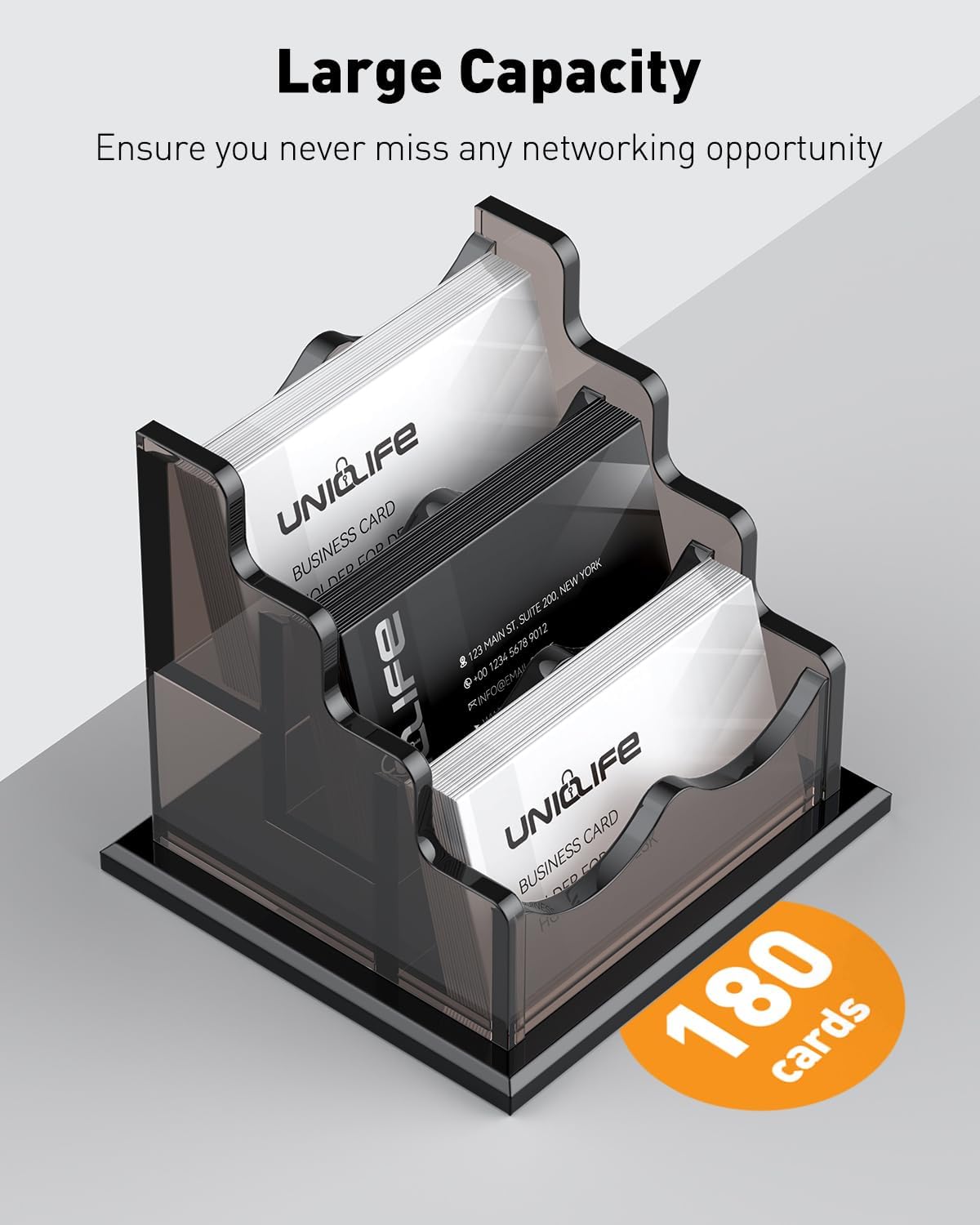 Uniclife Acrylic Business Card Holder for Desk 3 Slots Horizontal Business Card Display Stand for Men and Women Desktop Name Card Organizer Card Stand for Office Home, 180 Card Capacity, Black