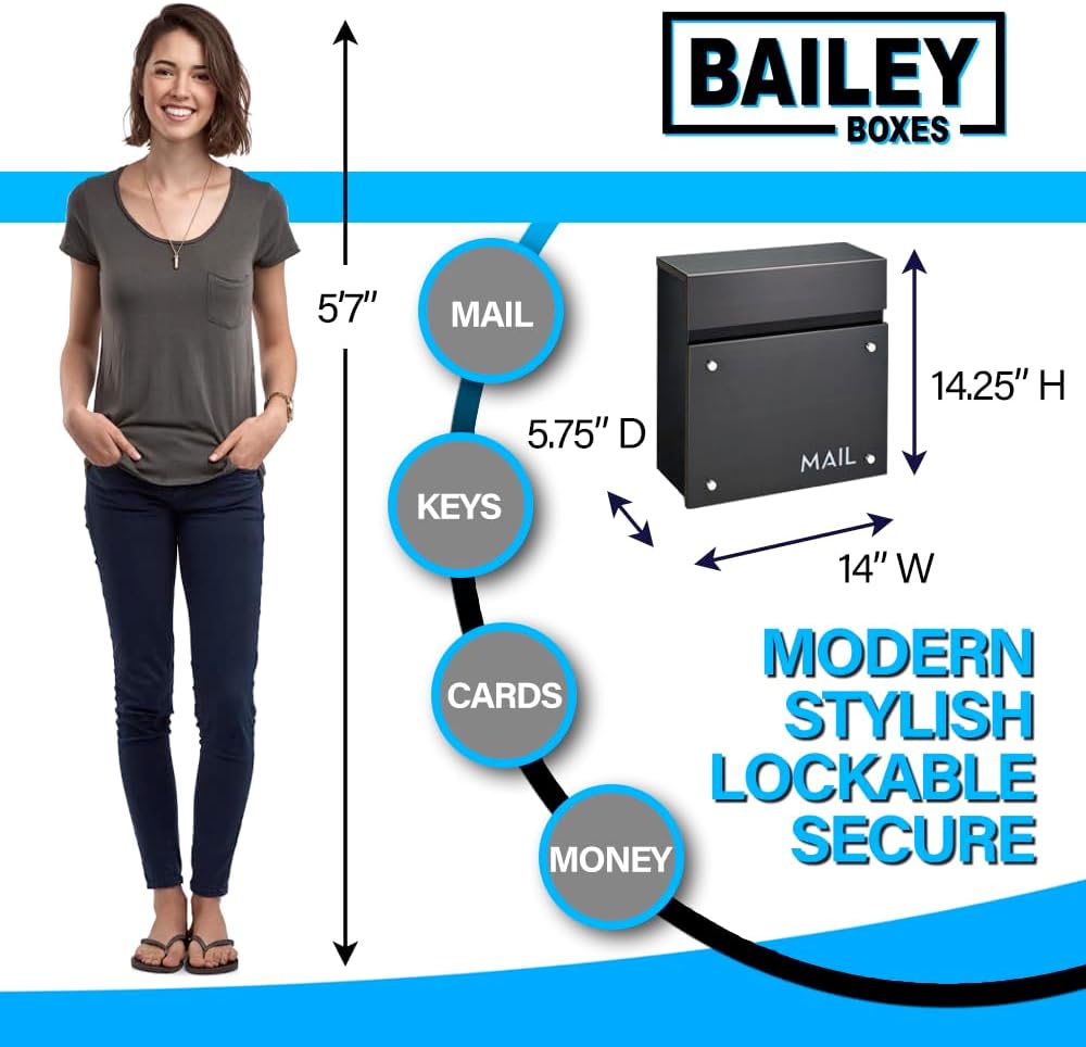 Wall-Mounted Modern Locking Mailbox from Bailey Boxes: Enhance Your Home with The Dalton - 14.25" H x 14" W x 5.75" D. Elevate Your Space with This Stylish Addition.