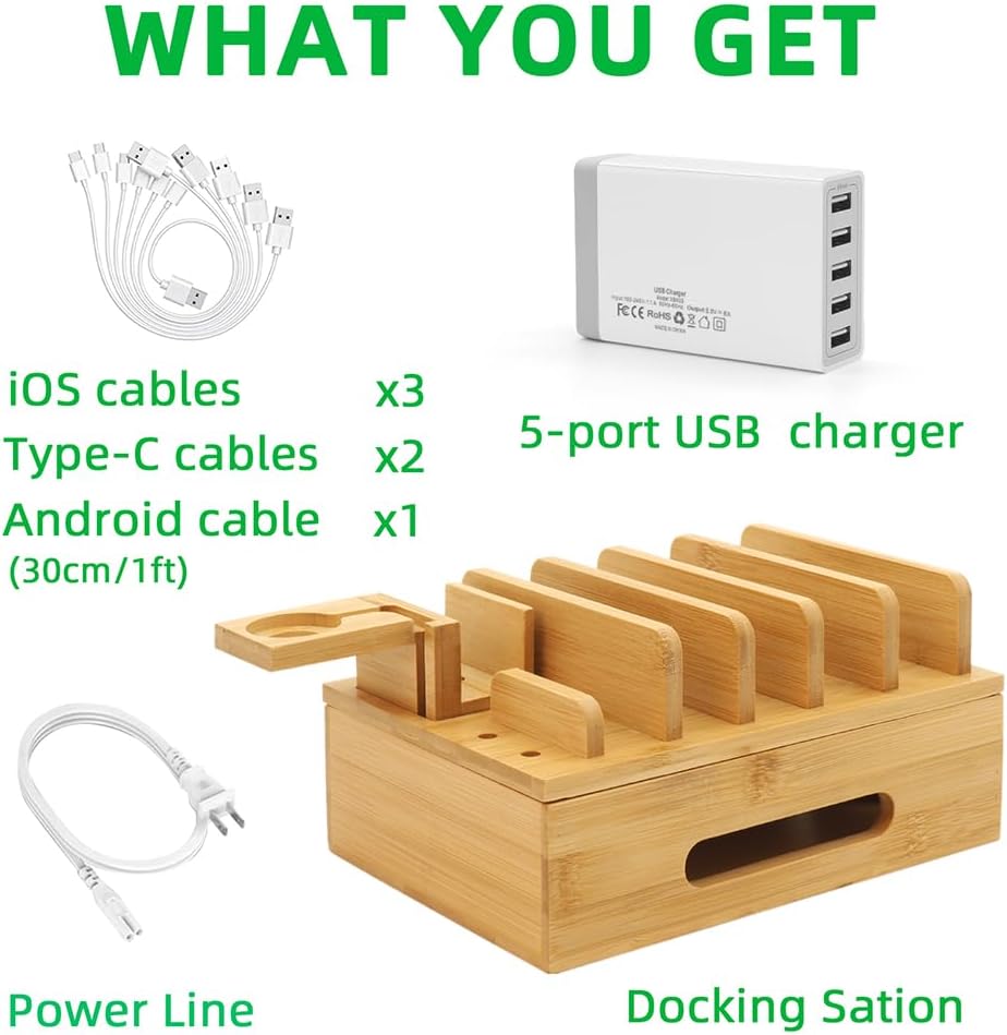 Bamboo Charging Station for Multiple Devices, Desk Wood Docking Station for Phones, Tablets, Watch, Earbuds, Charger Organizer Included 6 Cables & 5-Port USB Charger
