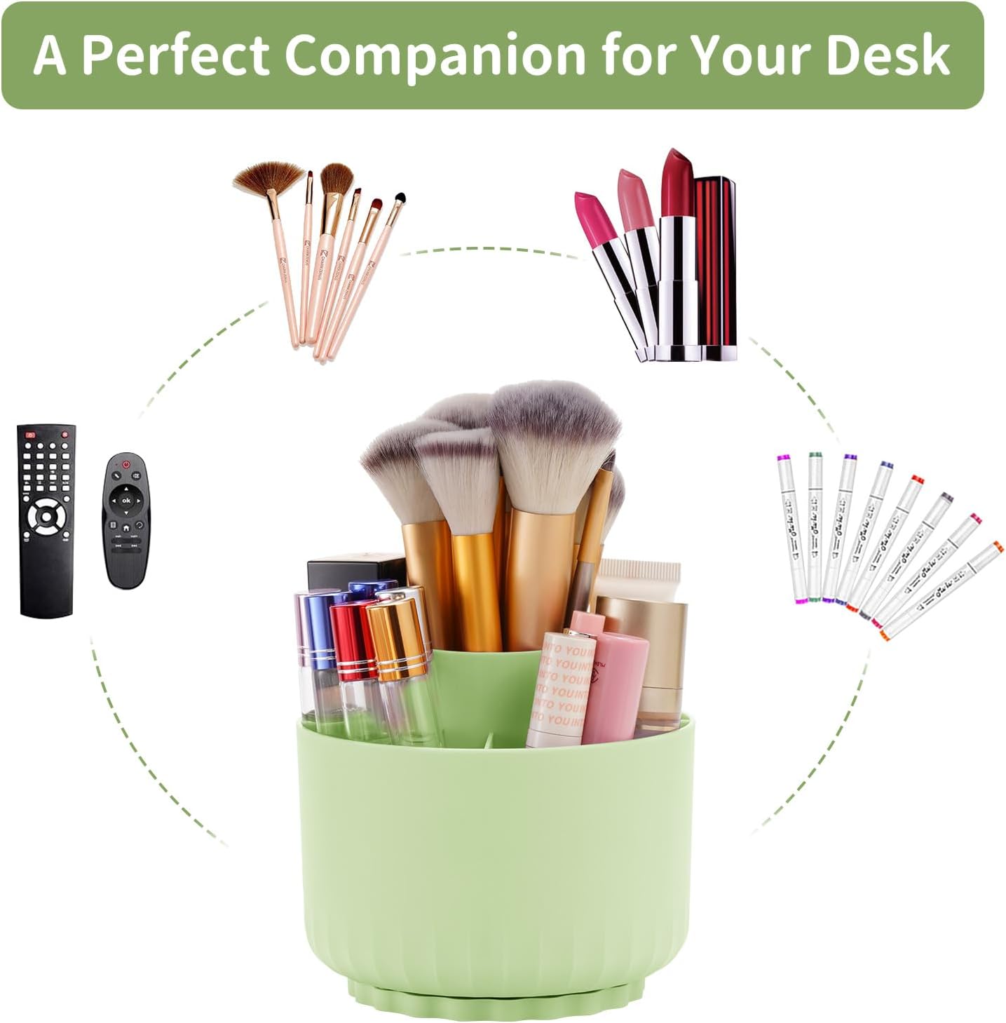 Marbrasse Desk Organizer, 360-Degree Rotating Pen Pencil Holder, Desk Organizers and Accessories with 5 Compartments Pencil Organizer, Art Supply Storage Box Caddy for Office, Home(Green)