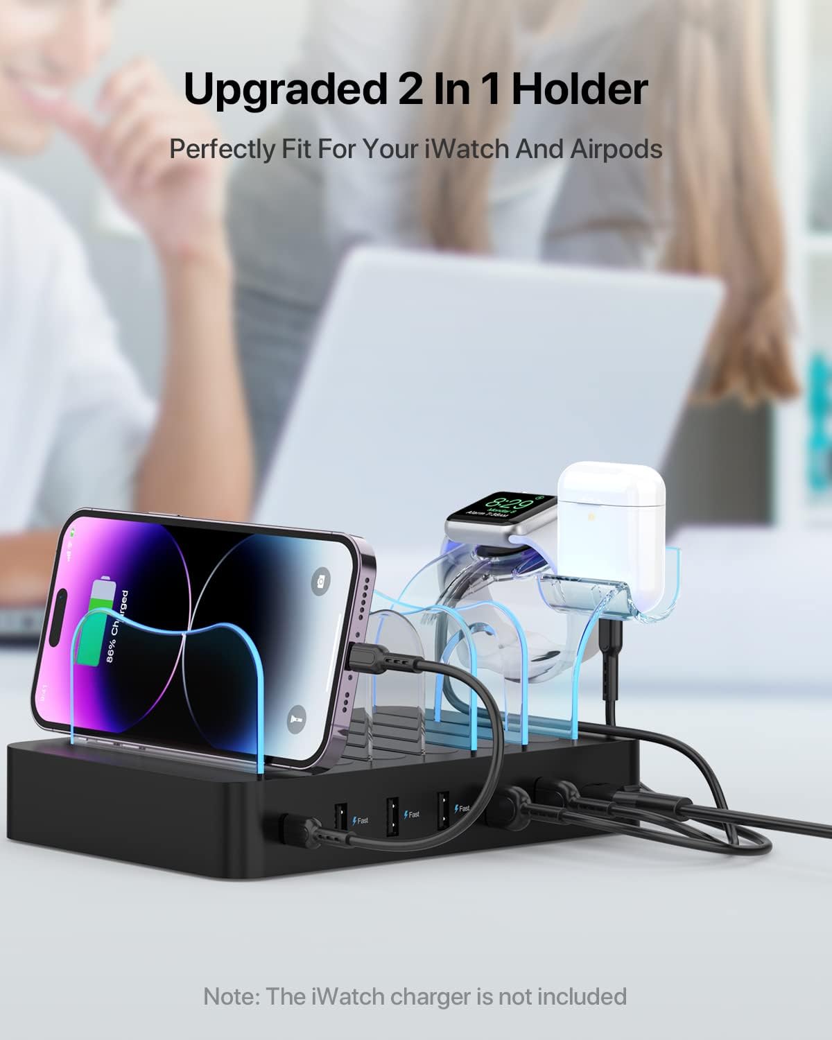 SooPii 6-Port PD Charging Station for Multiple Devices, 20W PD USB C Fast Charging for lPhone 14/13/12,6 Short Cables Included, 2 in 1 Holder,for Phones,Tablets and Others,Black