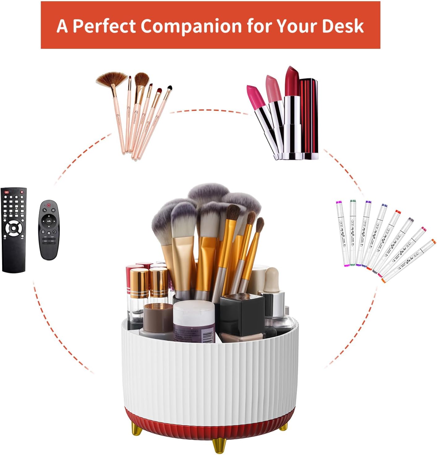 Marbrasse 360-Degree Rotating Pen Holder, Desk Organizer with 5 Compartments, Art Supply Storage Box Caddy for Office, Home (White+Red)