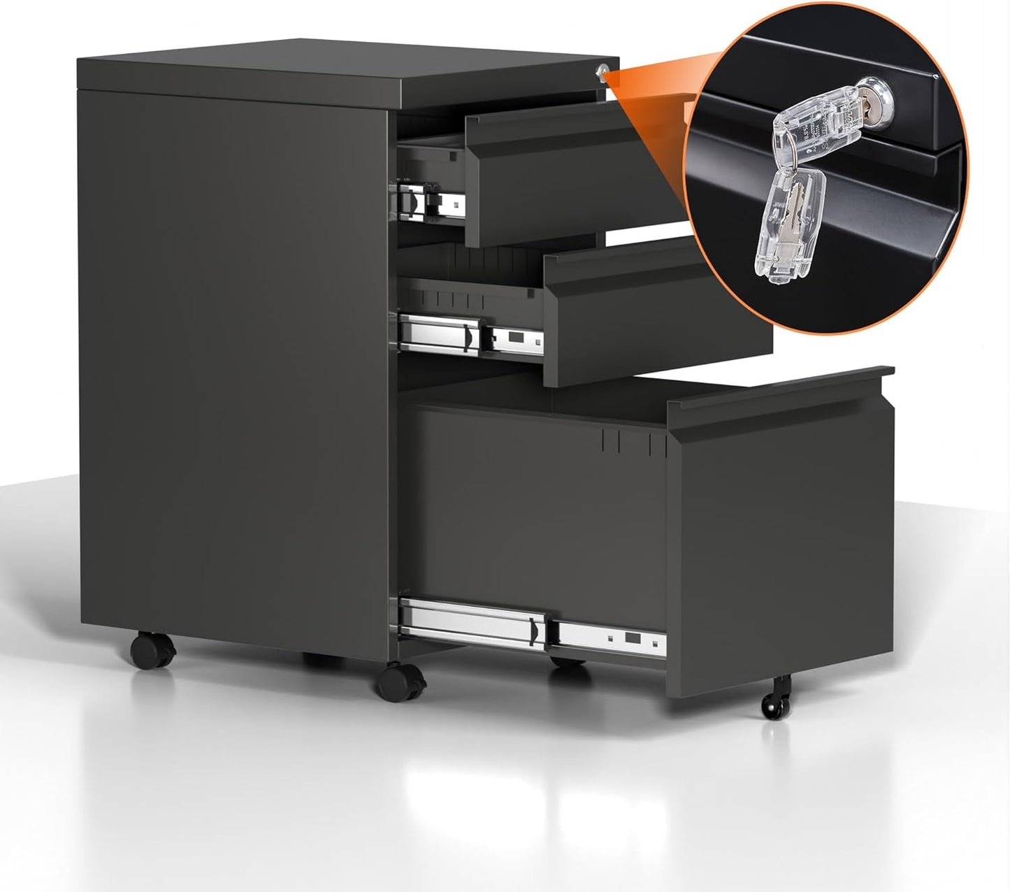 File Cabinet for Home Office, 3 Drawers File Cabinets with Lock, Rolling Under Desk Filing Drawer on Wheels