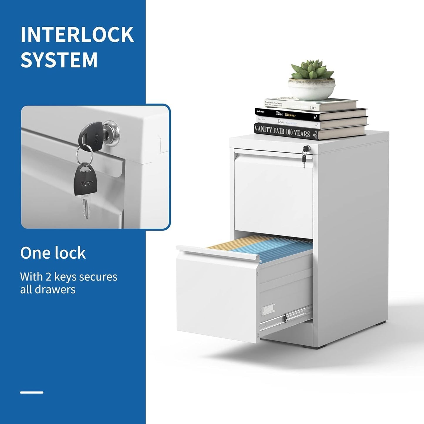 2 Drawer File Cabinet for Home Office, Vertical File Cabinet with Lock, Locking File Cabinet Hanging Files for A4/ Legal/Letter, Require Assembly, White