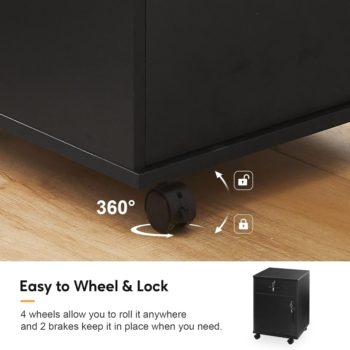 TUKAILAi Mobile File Cabinet with Lockable Drawer & Door, Under Desk Rolling Filing Cabinet with 4 Wheels, Wooden Stationery Storage Cabinet for Home Office (Black)