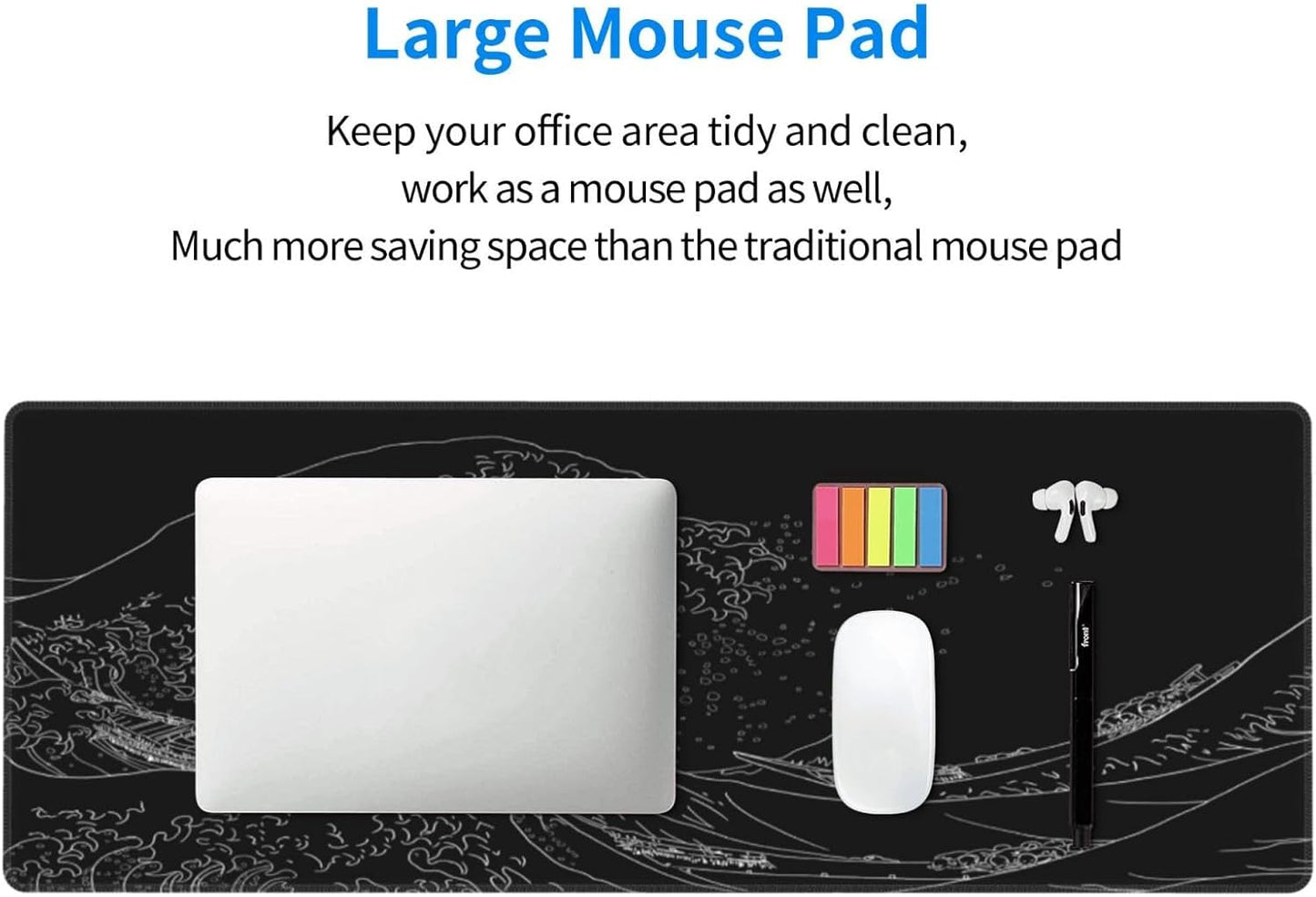Extended Gaming Mouse Pad, Large Gaming Mouse Waterproof with Stitched Edges, Non-Slip Desktop Pad for Home and Office, Level Up Your 31.5x11.8 Inch… (Black Wave)