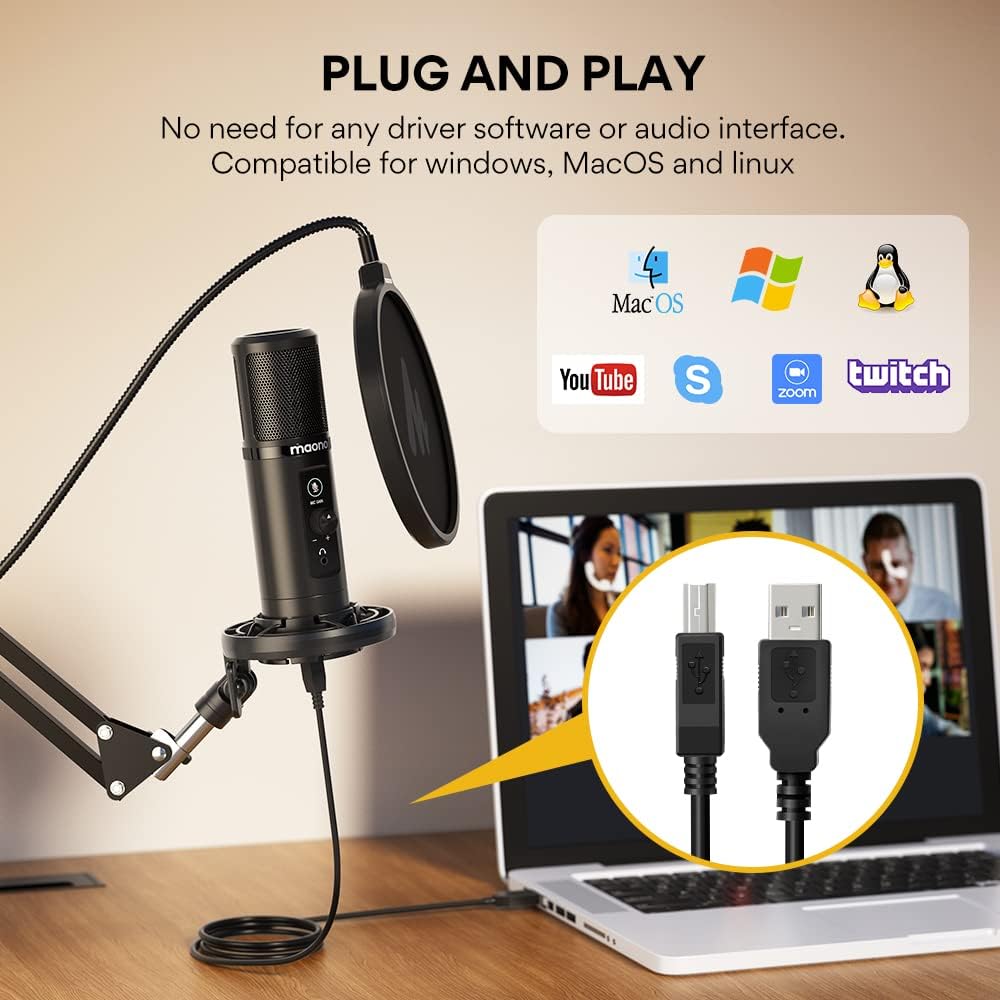 MAONO USB Microphone for PC, Professional Computer Condenser Mic with Mute, Mic Gain, Zero Latency Monitoring, Boom Arm for Studio, Podcast, Gaming, Streaming, Recording, Twitch, YouTube PM422