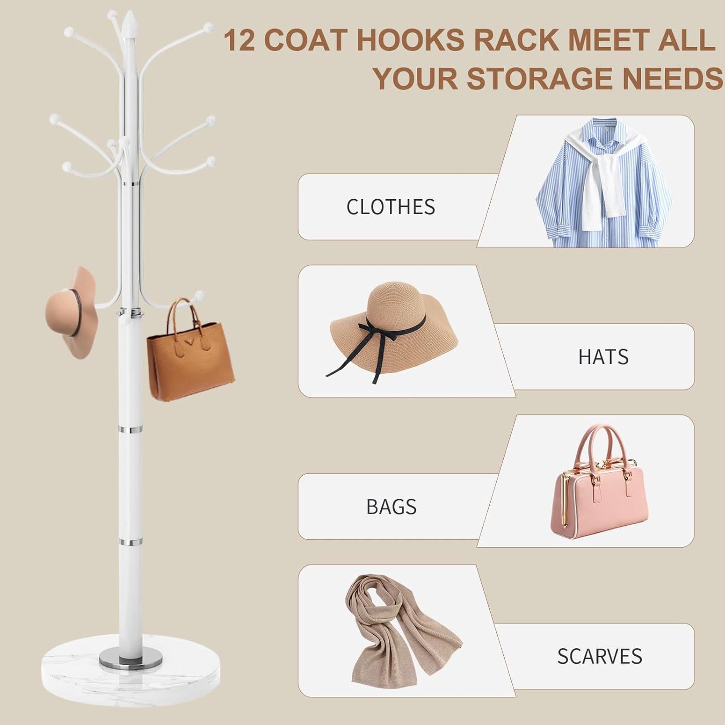 Modern Metal Coat Rack Stand, Coat Rack Freestanding with Natural Marble Base, Sturdy Heavy Duty Coat Racks with 12 Hooks, Coat Hall Tree Stand for Entryway, Office (12 HOOKS-White)
