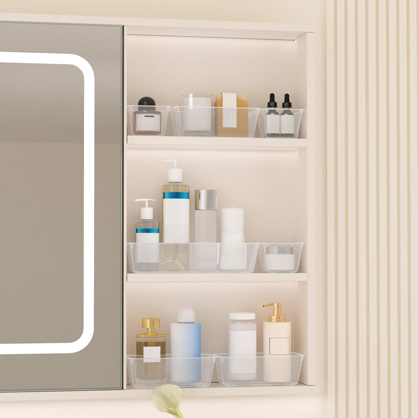 72 PCS Plastic Drawer Organizer Set, 4-Size Clear Bathroom and Vanity Desk Drawer Organizer Trays, Non-Slip Versatile Storage Divider Bins for Makeup Jewelry Bedroom Office Kitchen Gadgets