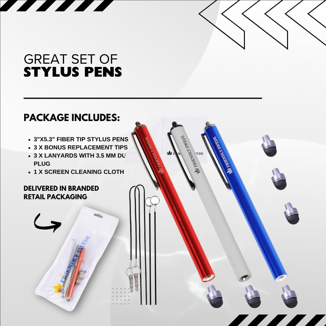 The Friendly Swede Mesh Tip Stylus Pen for Touchscreen — 3-Pack Micro-Knit Capacitive Stylus Pen for iPad & iPhone with 3 Replaceable Fiber Tips, Elastic Lanyards & Screen Cleaning Cloth
