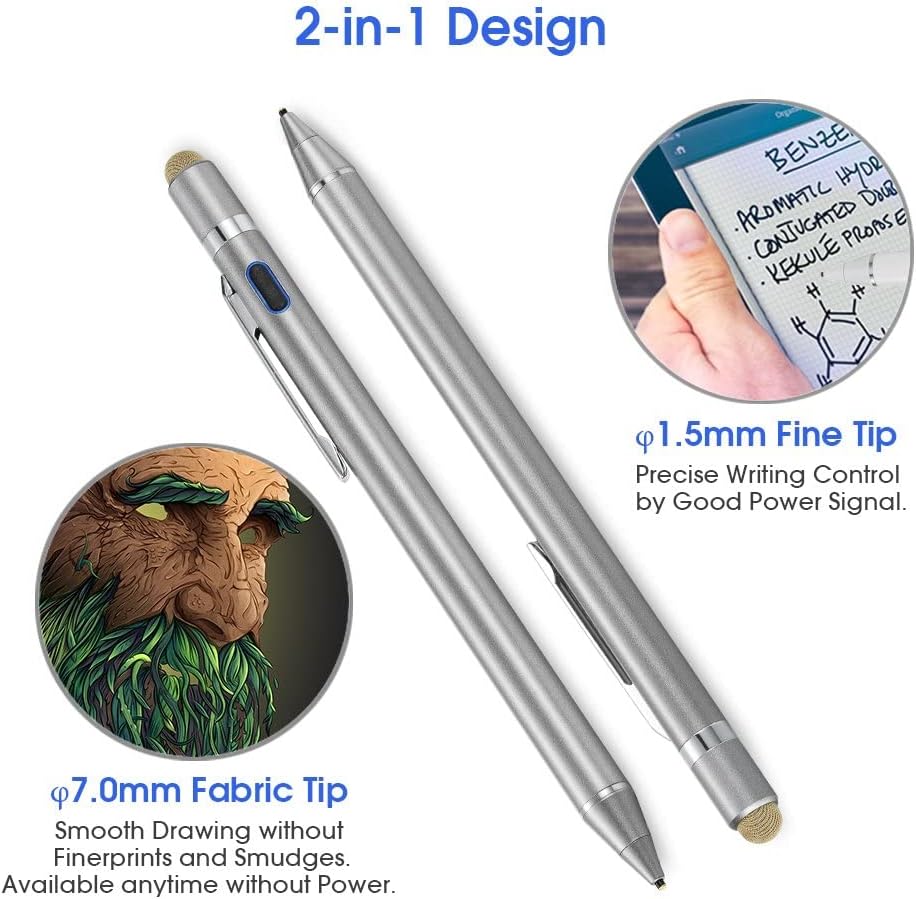2-in-1 Active Stylus Digital Pen with 1.5mm Ultra Fine Tip for iPad iPhone Samsung Tablets, Work on Touchscreen Phones and Tablets,Good at Drawing and Writing, Grey