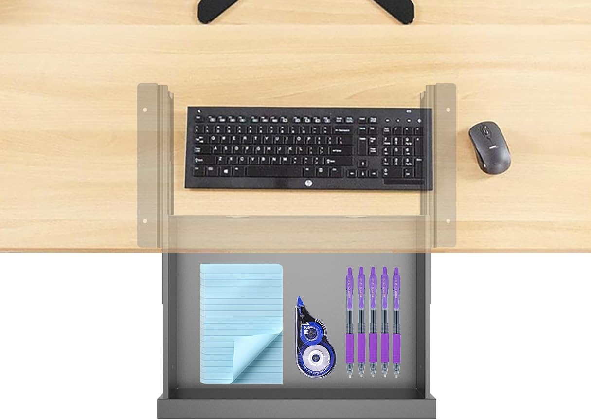 Dual Tier Under Desk Mounted Sliding Pull-out Drawer, 2 Layers W 15.3" x D 9.8" x H 5.1" Storage Organizer for Sit Stand Workstation, Metal, Black (2TierMedium)