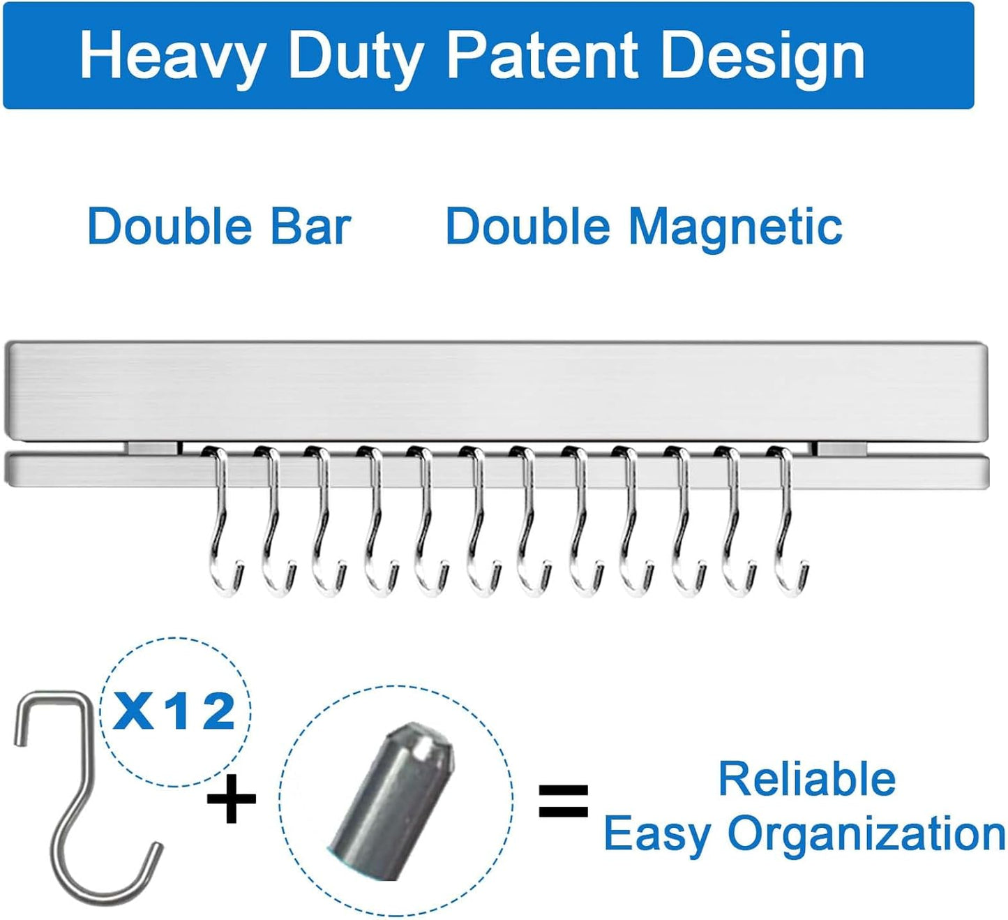 17 Inch Magnetic Knife Holder for Wall No Drill/Drill with 12 Hooks-Strong Adhesive Double Magnetic Bar Knife Magnetic Strip-Kitchen Utensil Holder-304 Stainless Steel Magnetic Knife Block