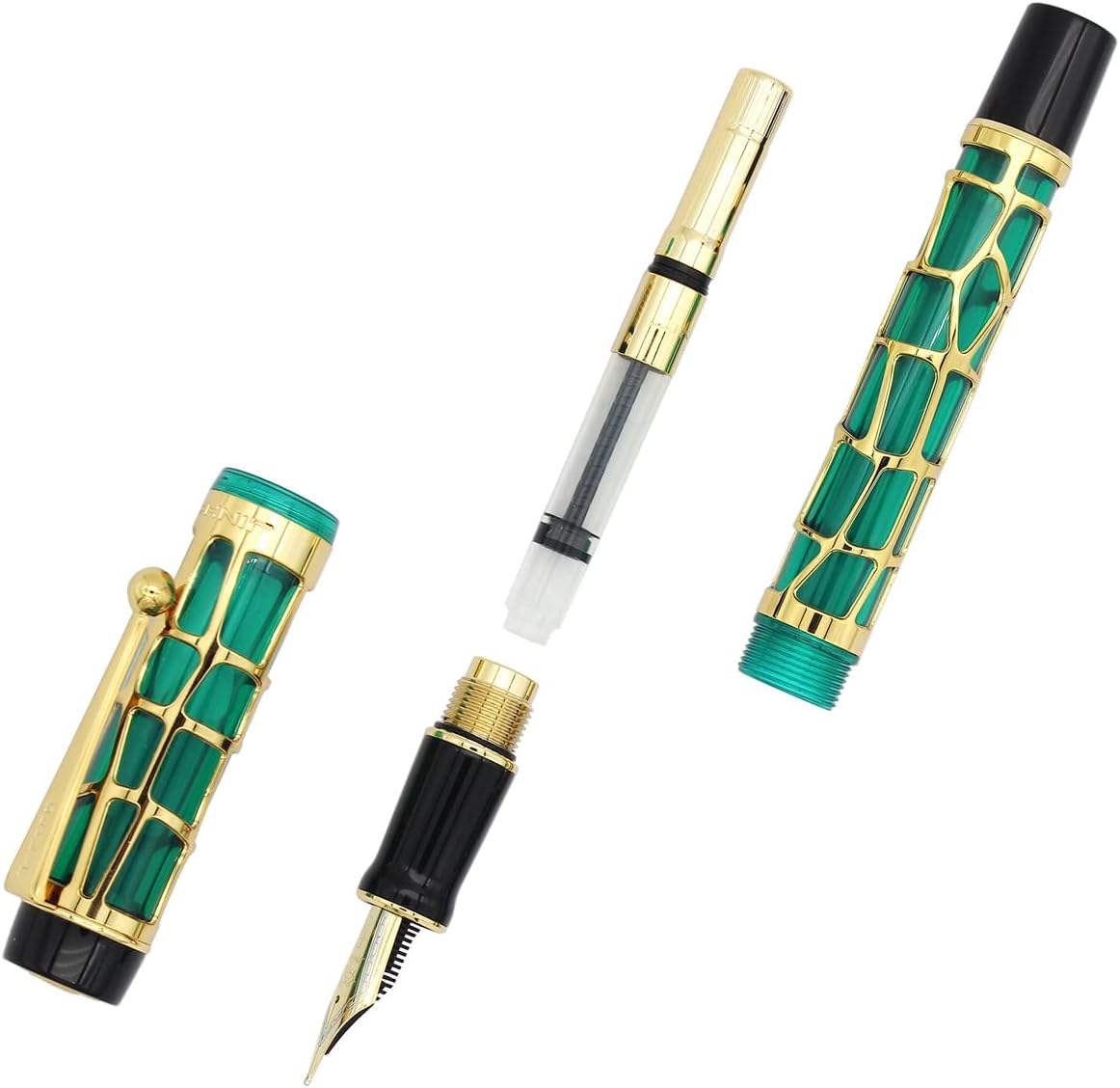 Gullor Century 100 Fountain Pen, Skeleton Hollow-out Series Golden, Screw-Cap, Fine Nib, Transparent Green