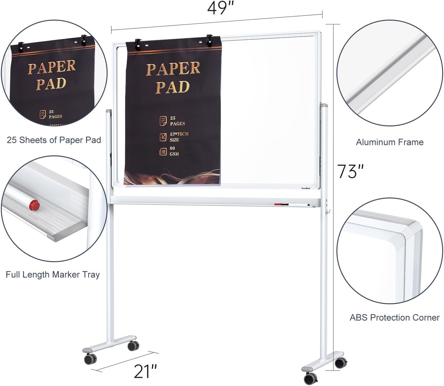 Mobile Clear Glass Whiteboard, 48 x 32 Inches Standing White Board on Wheels, Large Rolling Dry Erase Board with Stand, Transparent Tempered Glass Board for Office Home School, with Chart Paper