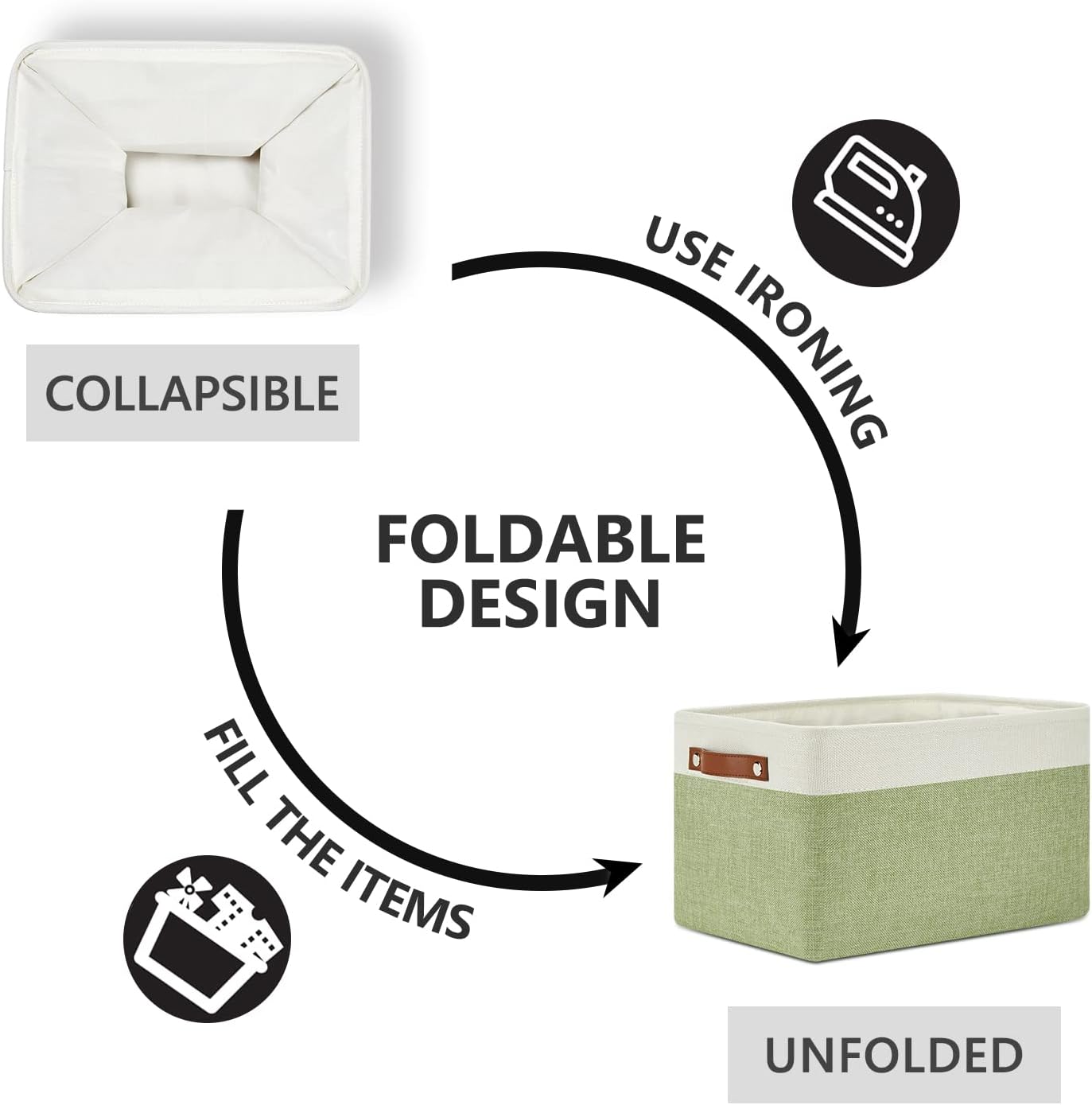 DULLEMELO Fabric Storage Bins for Laundry, Home, Foldable Storage Baskets for Shelves, Toys, Collapsible Storage Bins for Office,Bedroom(3-Pack Medium-15 inch X 11 inch X 9.5 inch , White&Green)