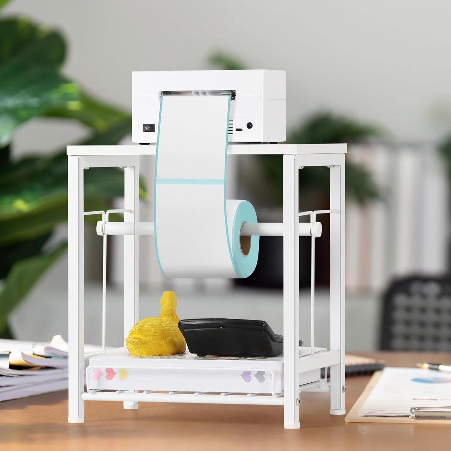 Label Holder Thermal Printer Sticker Stand Label Roll Holder for Rolls and Fan-Fold Labels, Desktop Printer Holder Label roll Dispenser for Small Business, Home Office Supplies, White