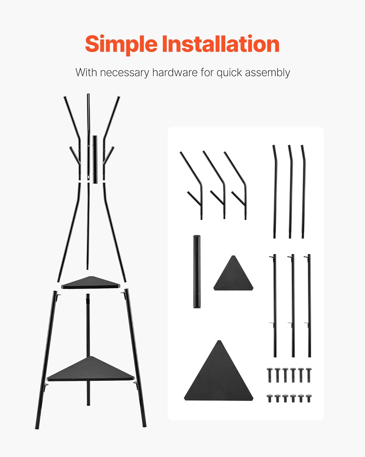 VEVOR Coat Rack, Freestanding Coats Rack Stand with 2 Shelves & 6 Hooks, Free Standing Hall Coat Tree for Entryway, Bedroom, Living Room, Modern Clothes Hanger Stand for Coats, Hats, Scarves, Handbags