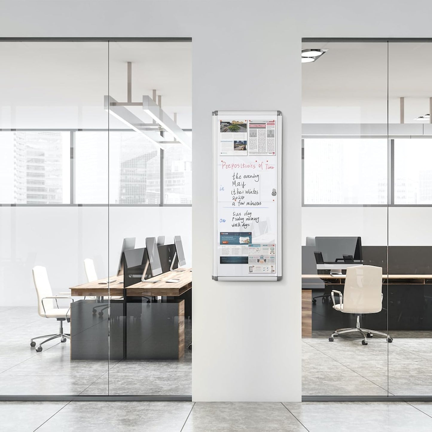 SWANCROWN Enclosed Bulletin Board Magnetic Dry Erase Noticeboard Lockable Display Boards White with Aluminium Frame 38x14inch(4xA4)