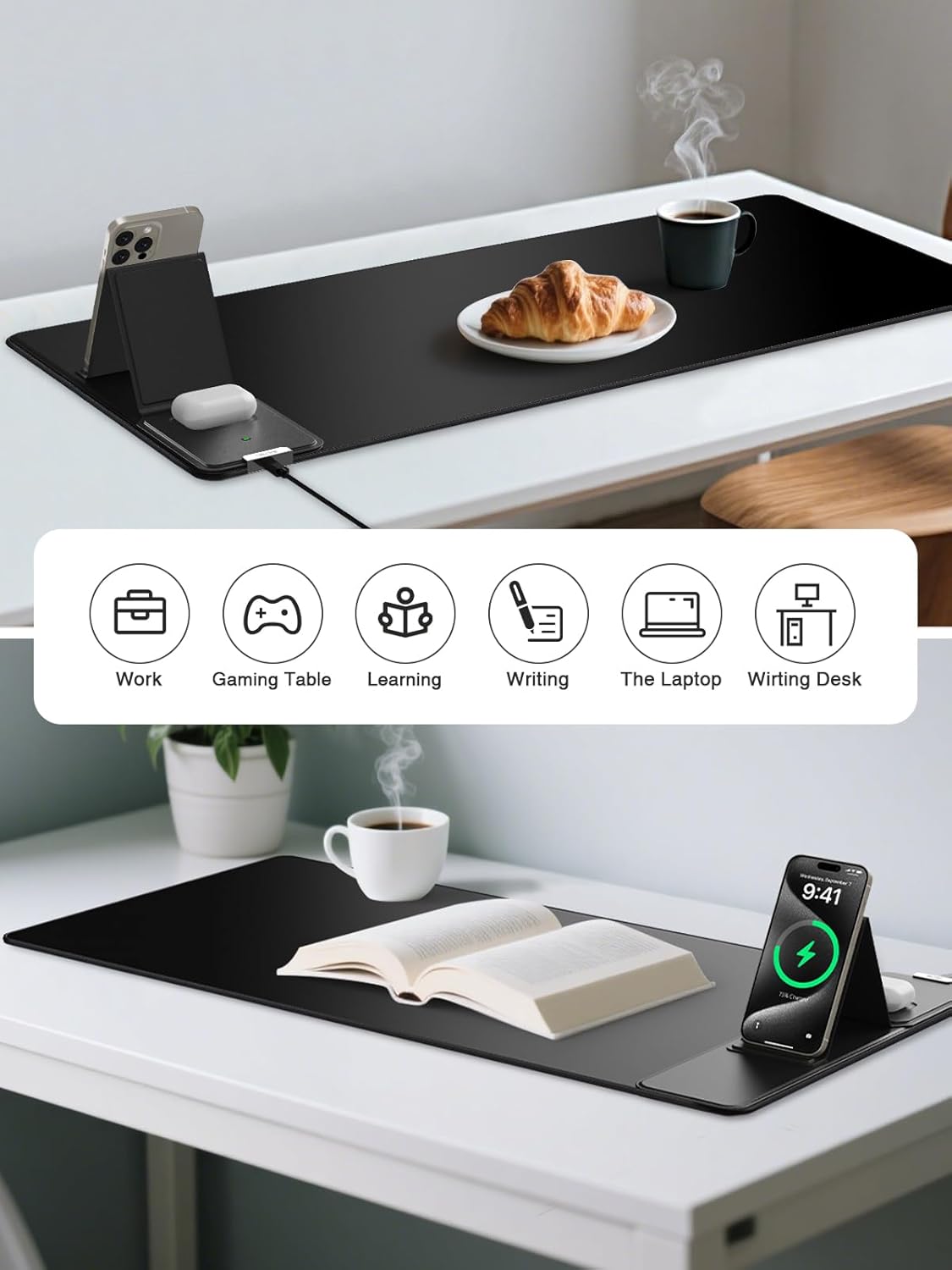 Mouse Pad, Office Desk Mat, Large Gaming Mousepad with Superior Micro-Weave Cloth, XXL Desk Pad with Stitched Edges, Non-Slip Writing Pad for Gamer, Laptop, Work & Home (Black (Charging On The Right))