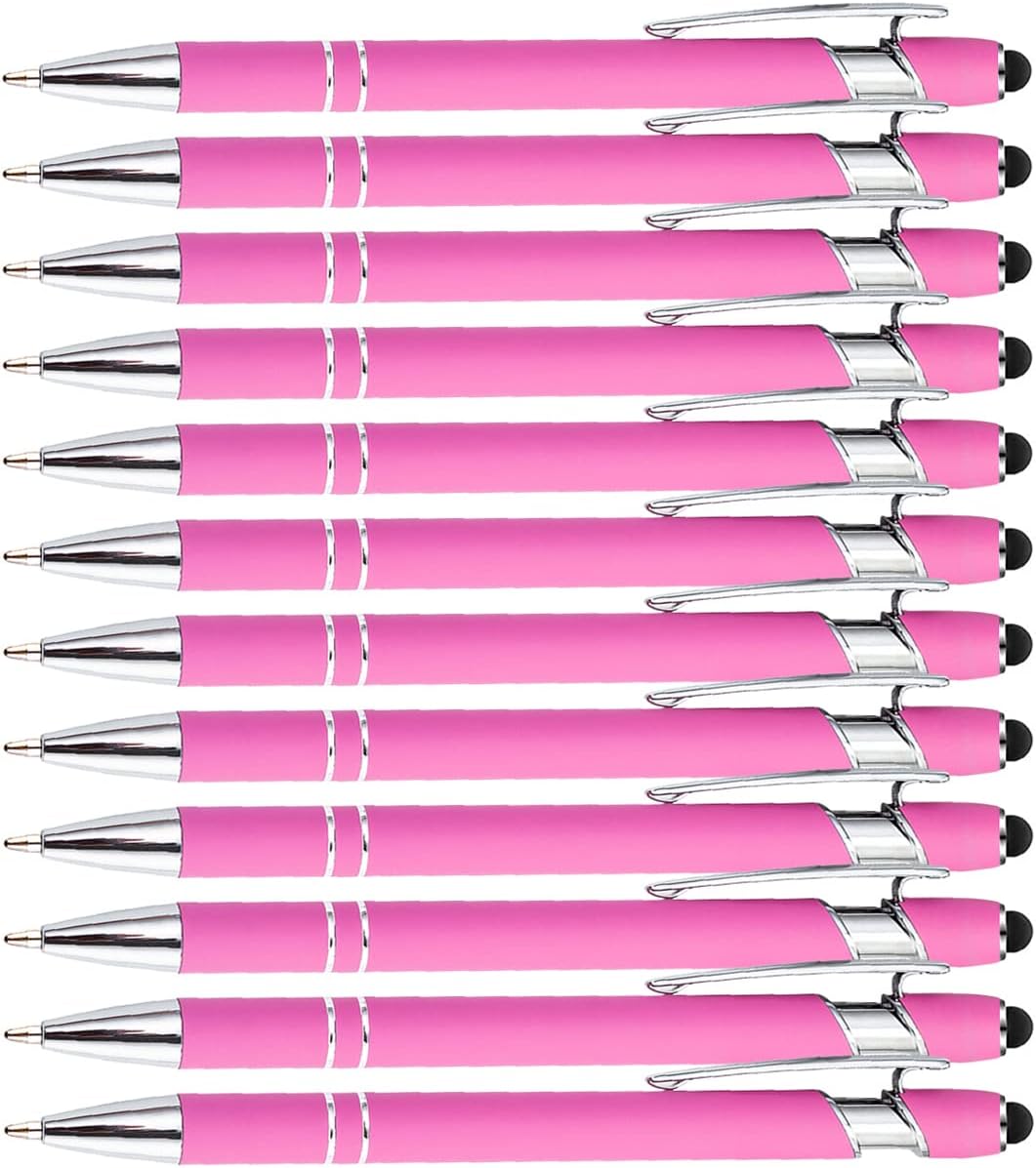 PASISIBICK 12 Pieces Pink Ballpoint Pen with Stylus Tip, 2 in 1 Stylus Stylish Pen, Premium Metal Stylus Pen for Touch Screens, Black Ink, 1.0 mm Medium Point(12 PCS Pink)