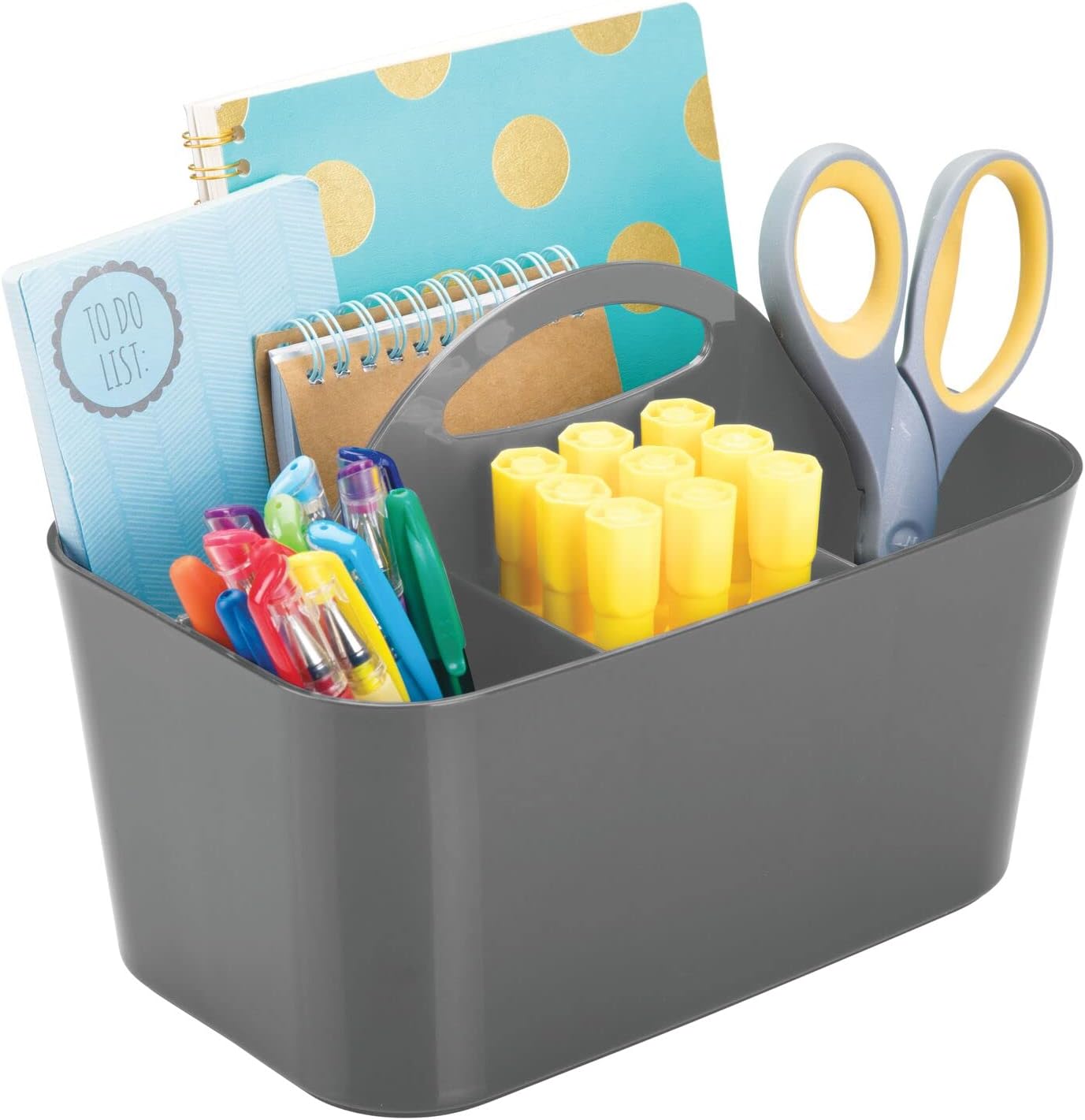 mDesign Plastic Small Office Storage Organizer Utility Tote Caddy with Handle for Cabinets, Desks, Workspaces - Hold Desktop Office Supplies, Pencils, Staplers Lumiere Collection, 2 Pack, Dark Gray
