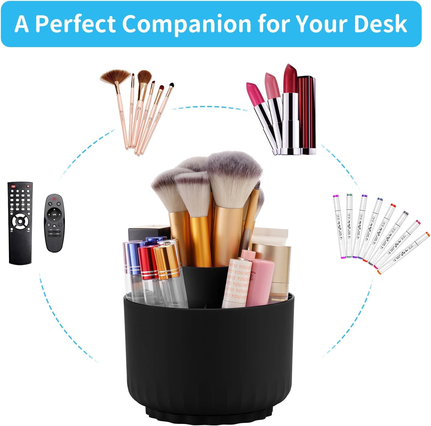 Marbrasse Desk Organizer, 360-Degree Rotating Pen Pencil Holder, Desk Organizers and Accessories with 5 Compartments Pencil Organizer, Art Supply Storage Box Caddy for Office, Home (Black)