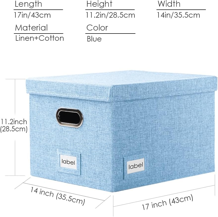 PRANDOM File Organizer Box - Set of 2 Collapsible Decorative Linen Filing Storage Hanging File Folders with Lids Office Cabinet Letter/Legal Size Blue (17x14x11.2 inch)