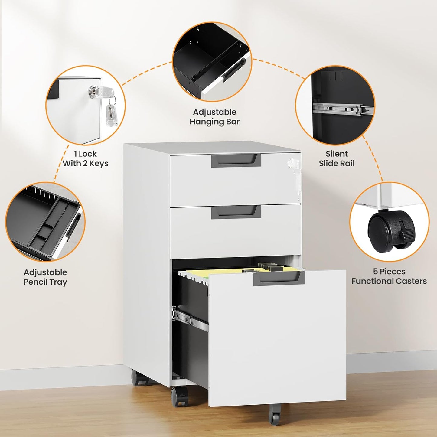 3 Drawer File Cabinet with Lock, Fully Assembled Metal Mobile Filing Cabinets for Home Office, Small Rolling File Caninet on Wheels for Legal/Letter / A4 File, White