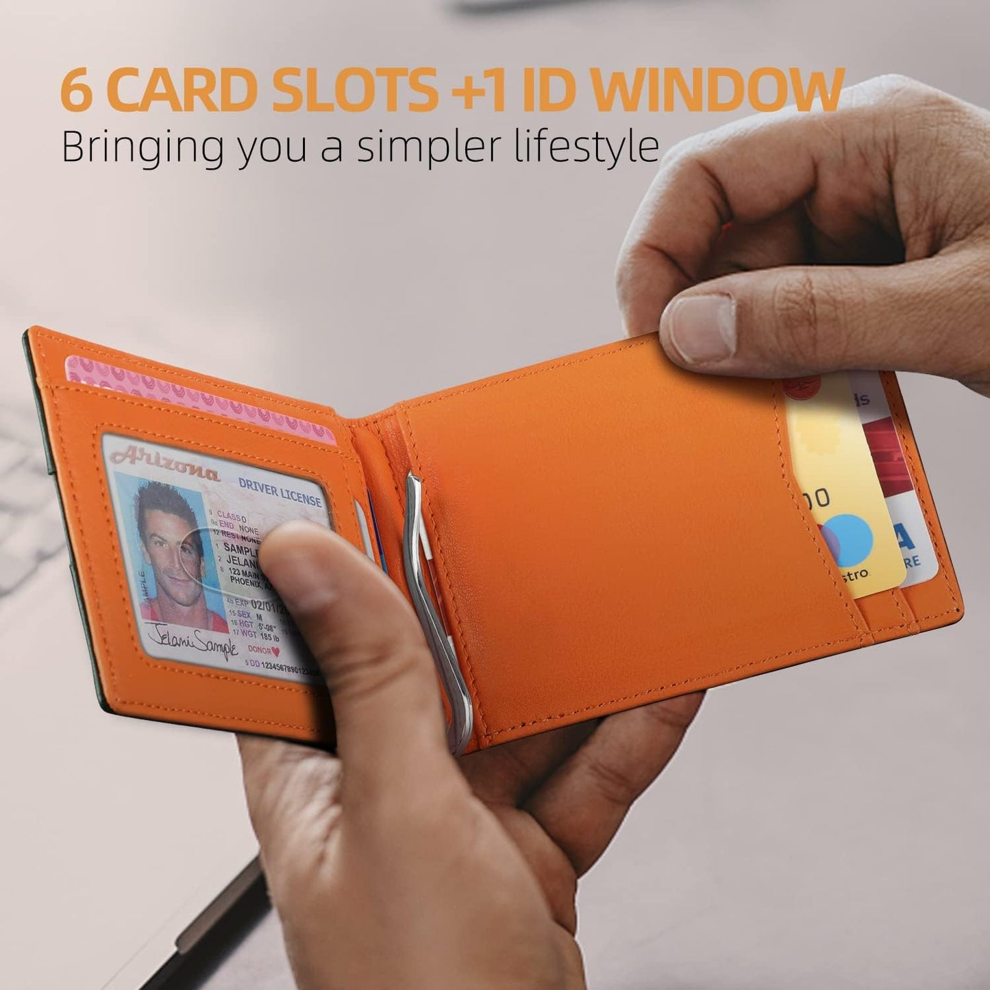 RUNBOX Slim Wallets for Men with RFID Blocking & Minimalist Mens Front Pocket Wallet Leather Black&inner Orange