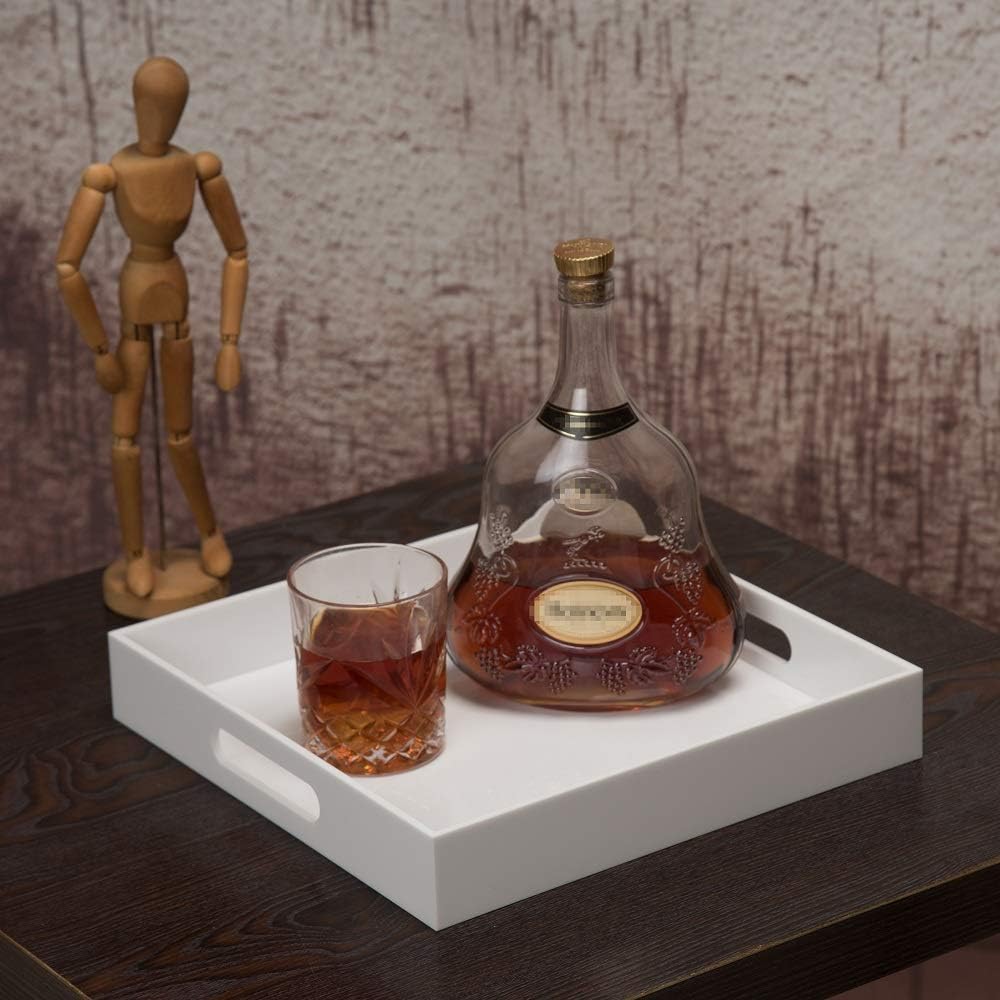 Glossy White Sturdy Acrylic Serving Tray with Handles-12x12Inch-Serving Coffee,Appetizer,Breakfast,Butler-Kitchen Countertop -Cosmetics Organizer-Vanity Table Tray-Ottoman Tray-Decorative