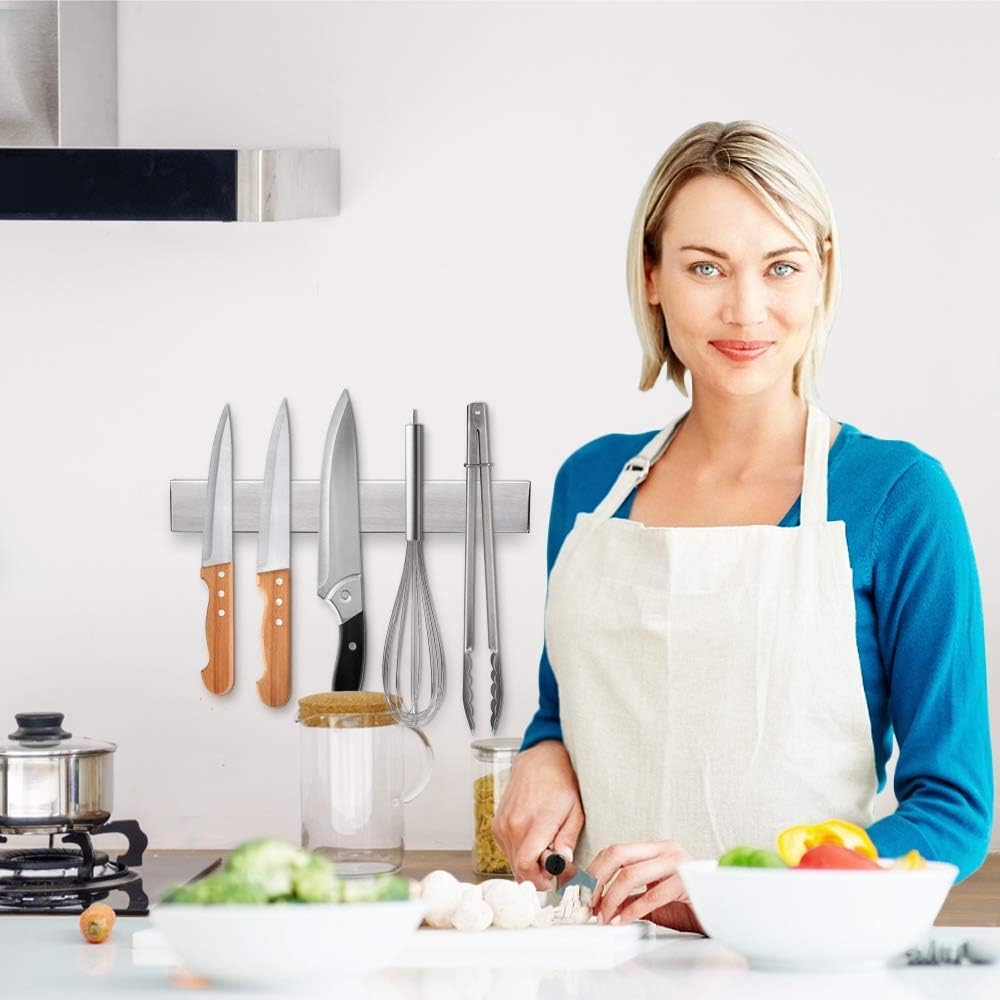 24 Inch Magnetic Knife Strip, Premium Stainless Steel Wall Mounted Kitchen Knives Bar,Space-Saving Powerful No Drilling Magnetic Knife Rack for Home Kitchen Utensil Holder & Tool Holder