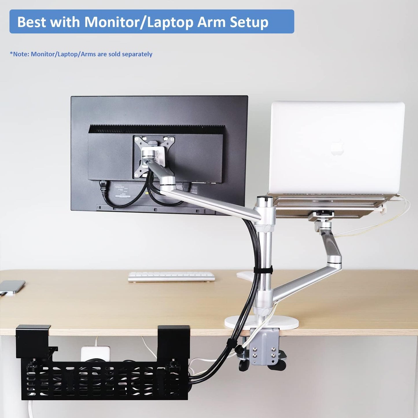 AEONS Under Desk Cable Management Tray Wire Cord Organizer Removable C Clamp Mount No Drill Computer Cord Raceway and Modesty Panel, Black, 16-inch