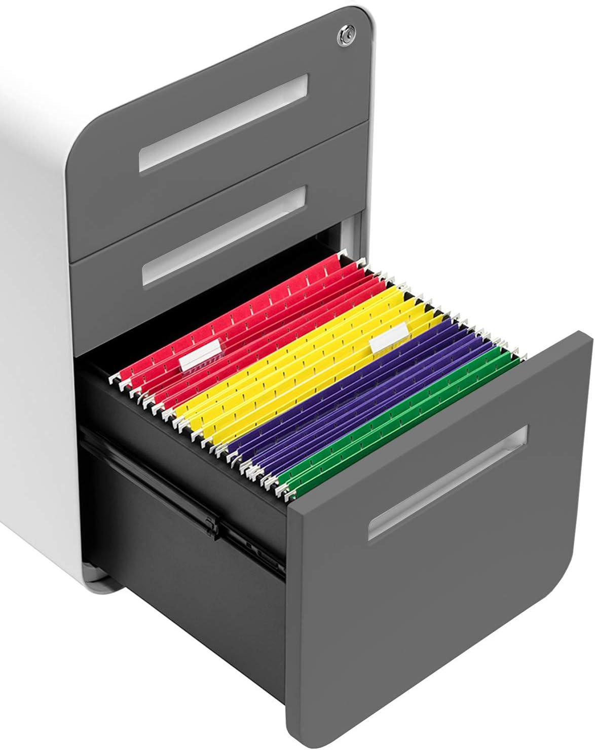 Laura Davidson Furniture Stockpile 3 Drawer File Cabinet with Lock - Under Office Desk Metal Filing Cabinet, Legal/Letter File Folders, Wheels and Stationary Feet, Pre-Assembled, Dark Grey Faceplate