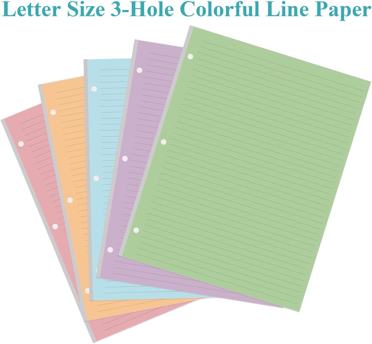 3 Hole Colorful Lined Paper - 100 Sheets/200 Pages Loose Leaf Paper Line Refills, Per Color 20 Sheets, 8.5" x 11"
