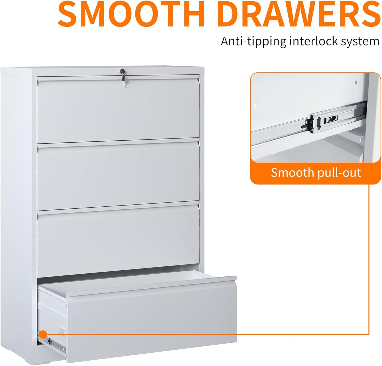 Locking Filing Cabinet with 4 Drawer Heavy Duty Large Metal Cabinet Home Office White Lateral File Cabinets Wide Steel Cabinets for Legal/Letter Size File,Assembly Required