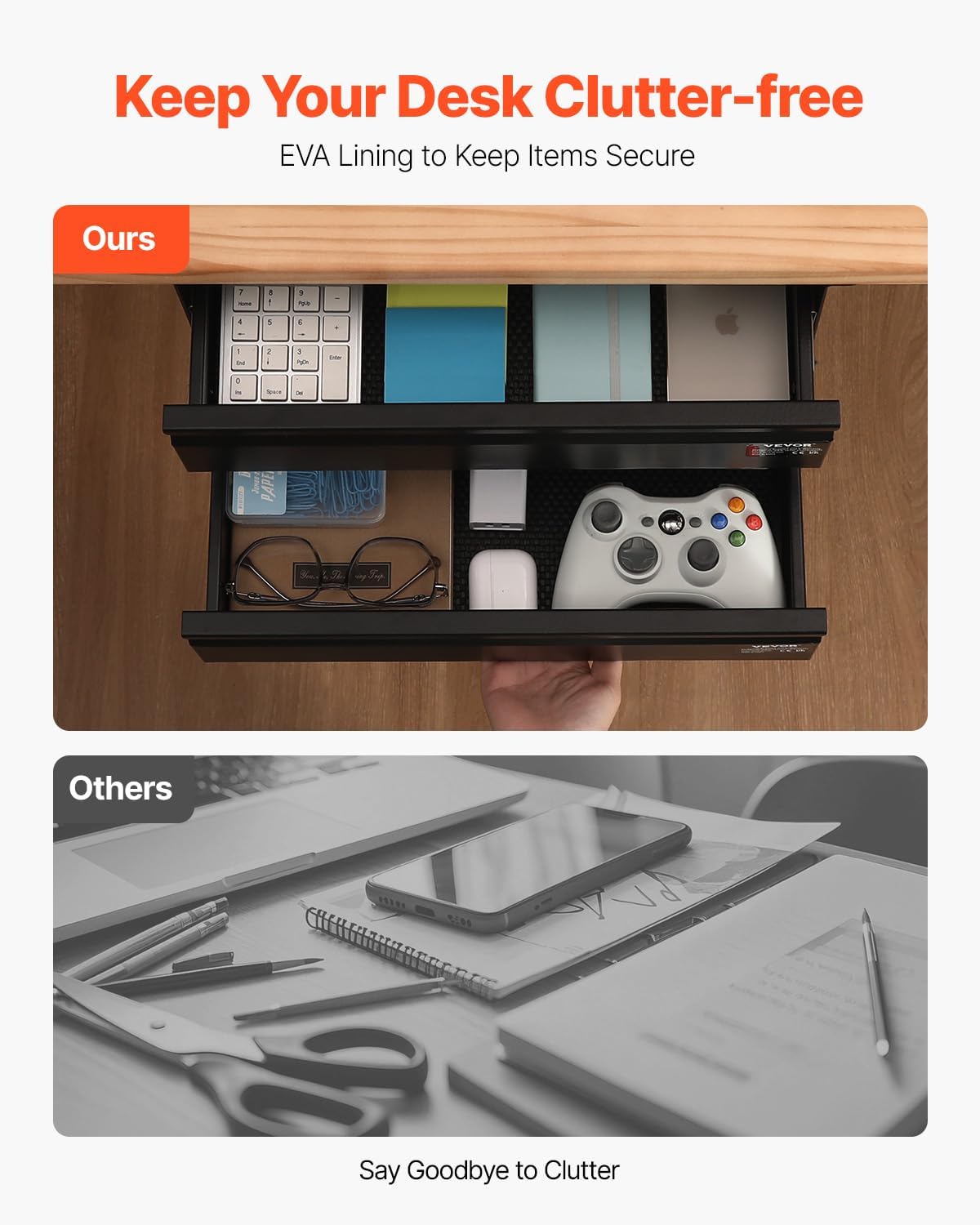 VEVOR Under Desk 2 Layer Slide Out Drawer, 16 inch Under Desk Pull-out Drawer for Home Office Sit Stand Workstation, Black