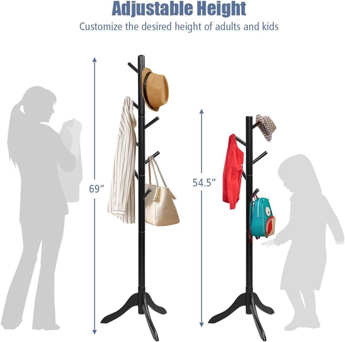 Tangkula Wooden Tree Coat Rack Freestanding, Entryway Coat Stand with 8 Hooks, Height Adjustable Coat Tree, Coat Hanger Stand for Home Office Hall Entryway