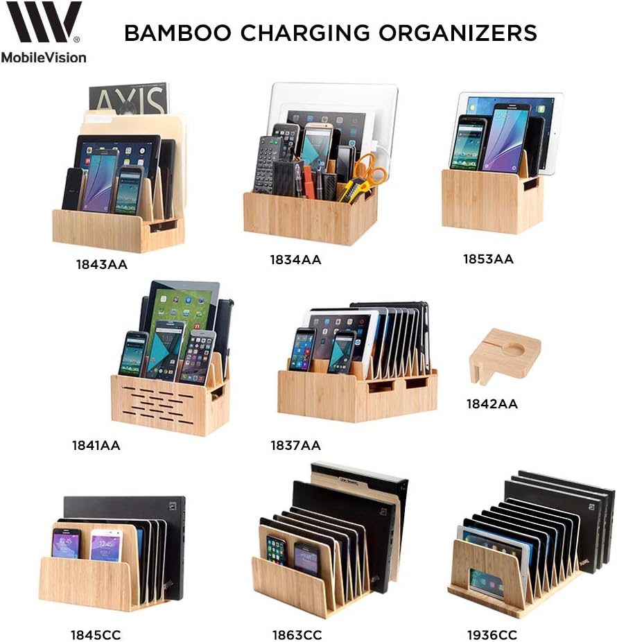 MobileVision Bamboo 10-Port Charging Station & Docking Organizer for Smartphones & Tablets, Family-Sized, for use in Corporate Offices & Classrooms