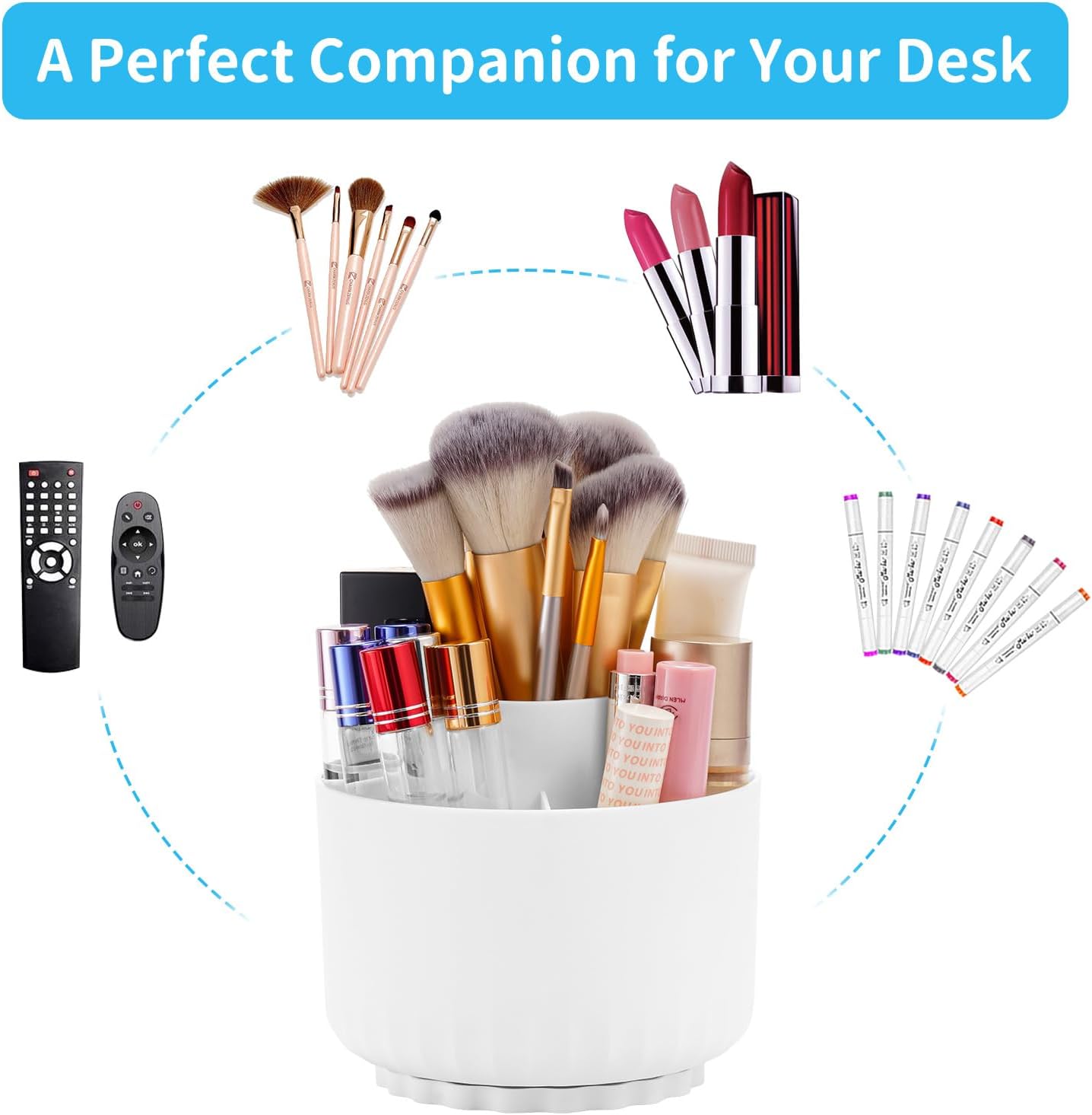 Marbrasse Desk Organizer, 360-Degree Rotating Pen Pencil Holder, Desk Organizers and Accessories with 5 Compartments Pencil Organizer, Art Supply Storage Box Caddy for Office, Home(White)