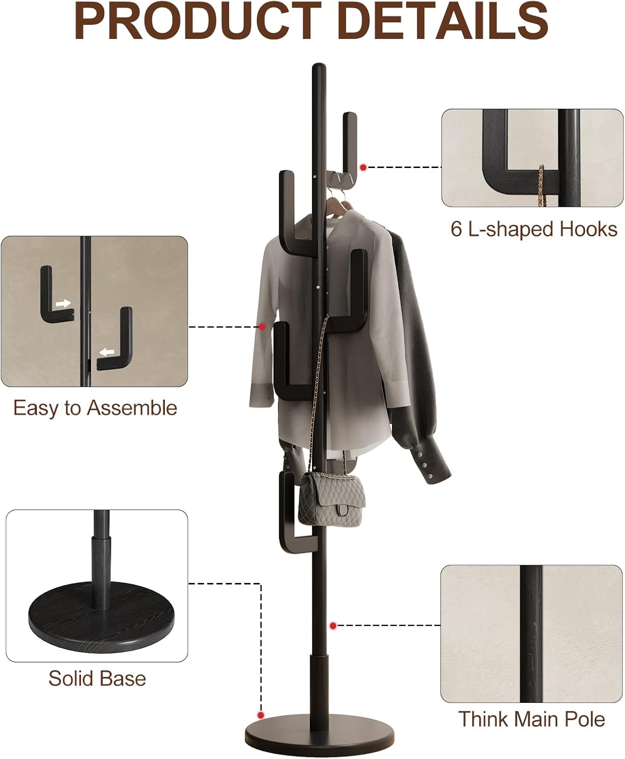 Solid Wood Cactus Coat Rack, Freestanding Coat Rack With 6 L-Shaped Hooks and 3 Adjustable Sizes, Coat Tree for Bedroom, Entryway, Livingroom, Coat Hanger Stand for Coats, Handbags (Black)