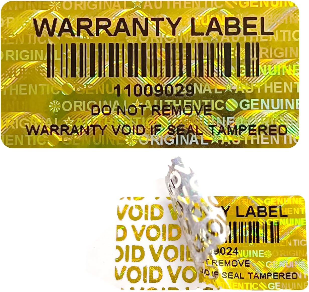 300pcs Tamper Proof Stickers Hologram Security Labels Genuine Warranty Seal with bar Code Unique Serial Number(1.2 X 0.6 Inch,Gold,GQYH)