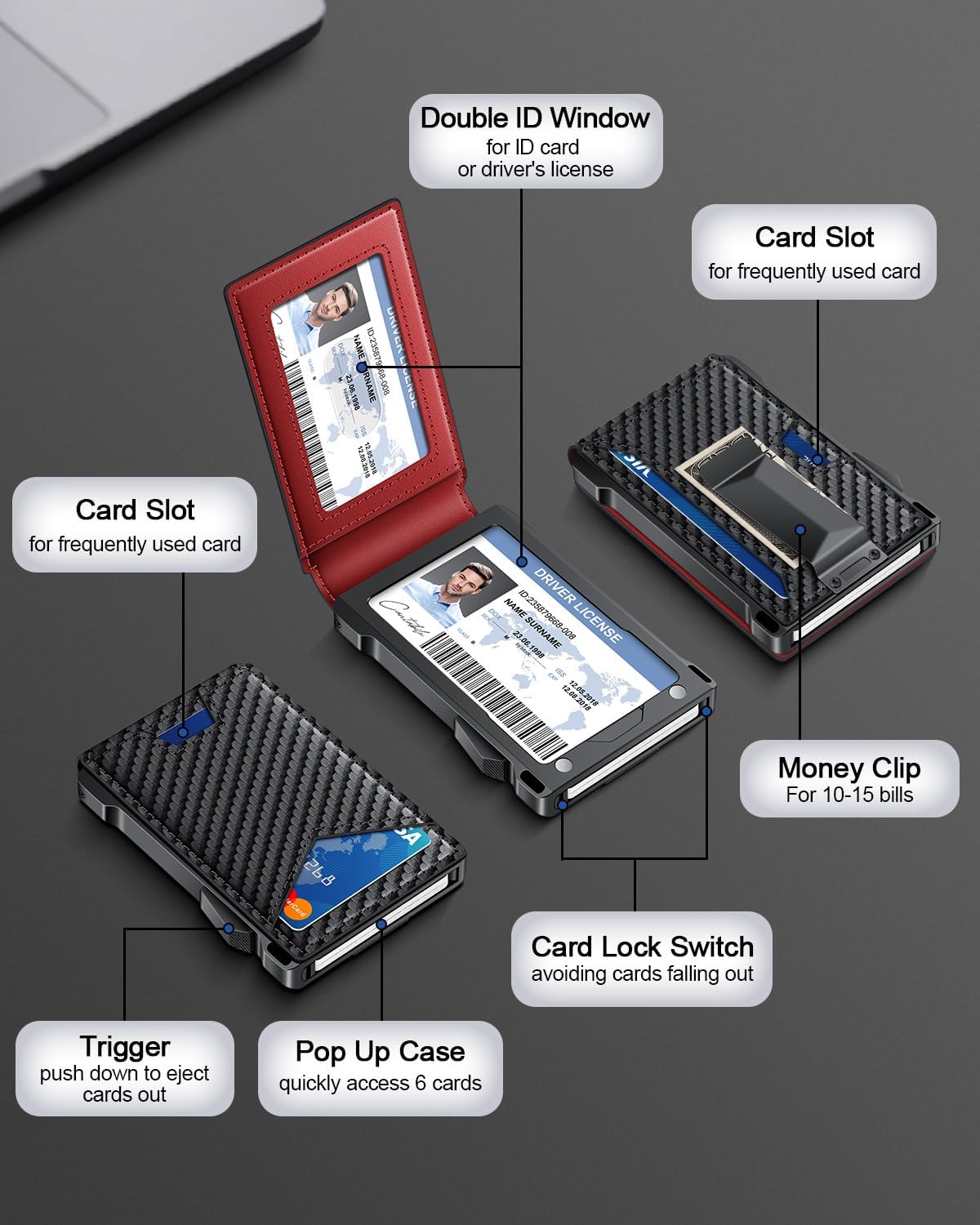 Wallet for Men RFID Wallet with 2 ID Windows & Money Clip, Slim Pop Up Card Holder for 10-12 Cards, Bifold Minimalist Smart Wallet for Front Pocket, Compact Metal Credit Card Holder, Gifts for Men